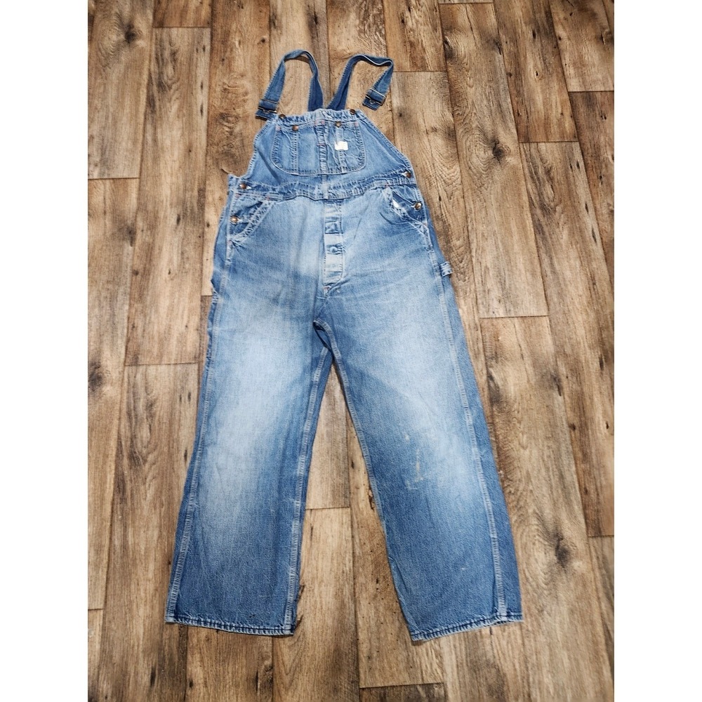 Vtg 1970s Big Mac Low Back Overalls Red Strap Parva Carpenter Bib 70s 38 x 30